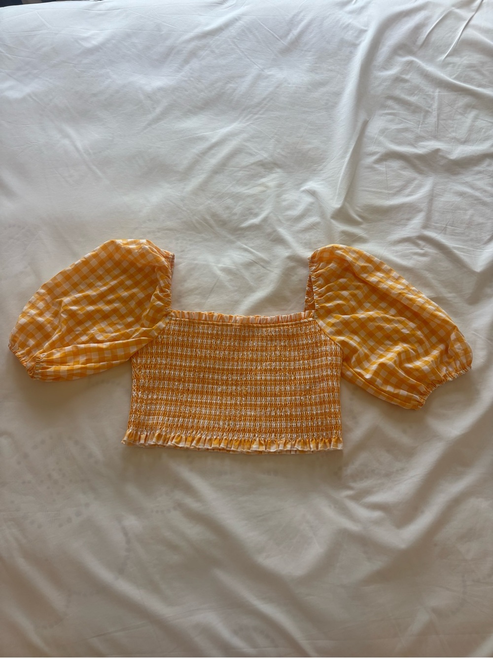 Better Be Yellow Gingham Smocked Puff-Sleeve Crop Top